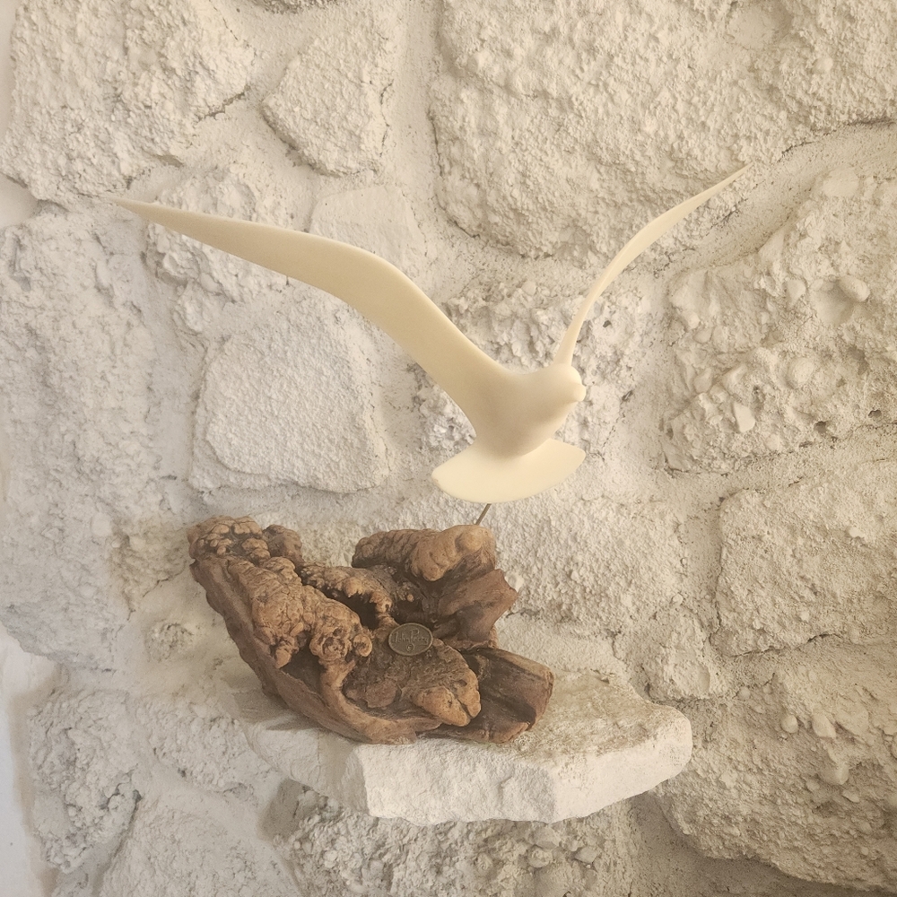 Vintage Seagull Bird Sculpture on Driftwood Base | Coastal Decor | John Perry